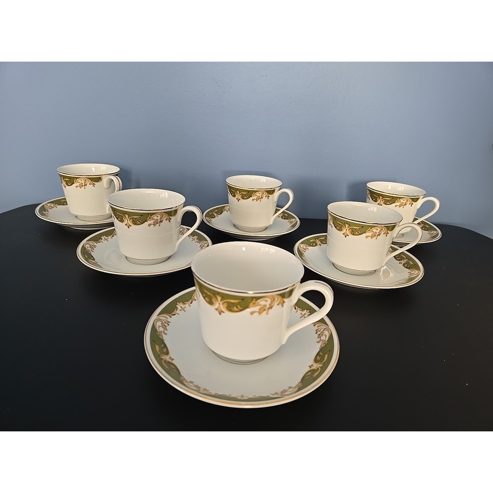 Vintage " Style House" Kimberly Footed Cup & Saucer Sets 6 Sets Green Gold